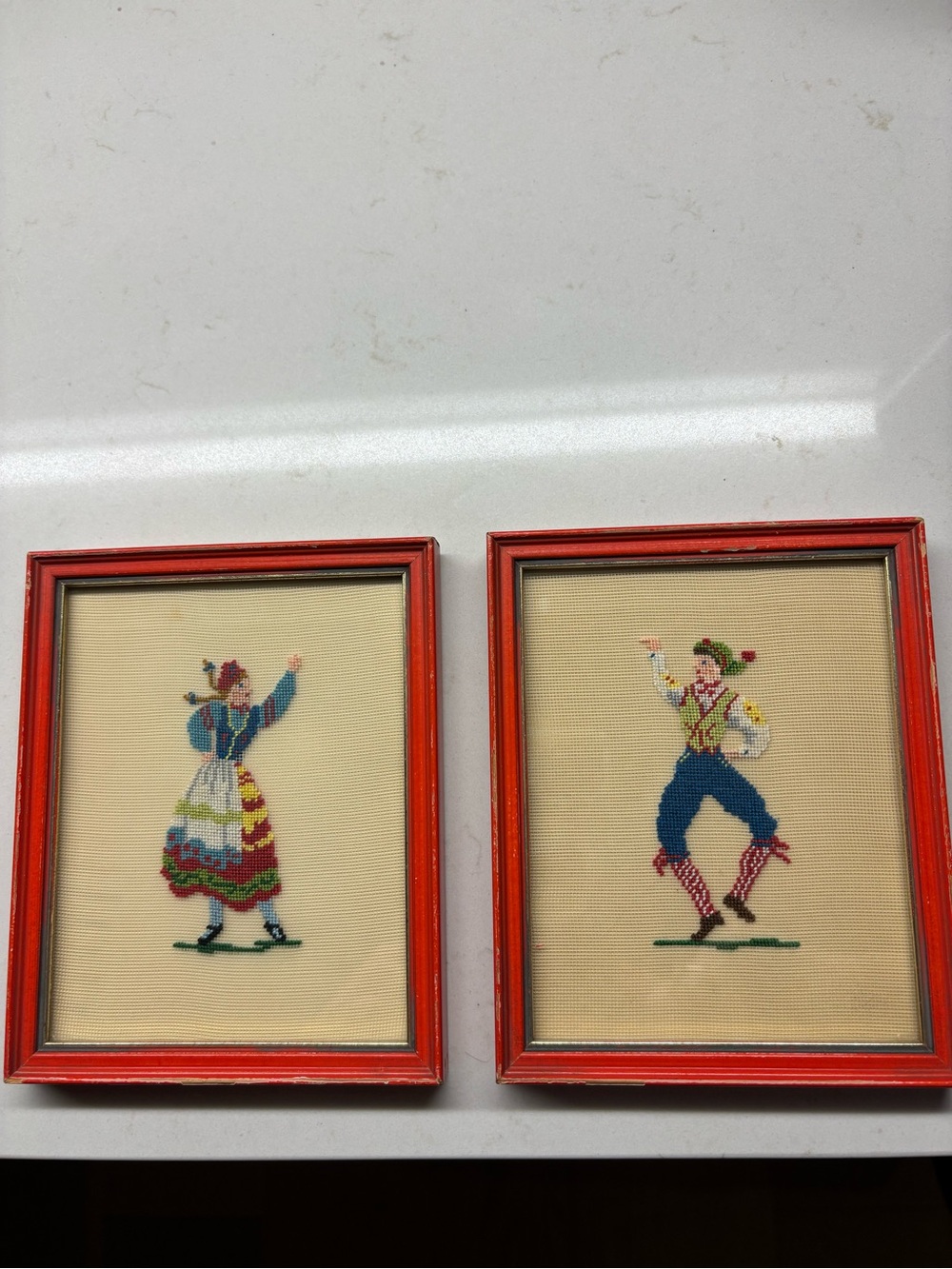 Vintage Framed Ukrainian Dancer Cross-Stitch Pair - Home Accents